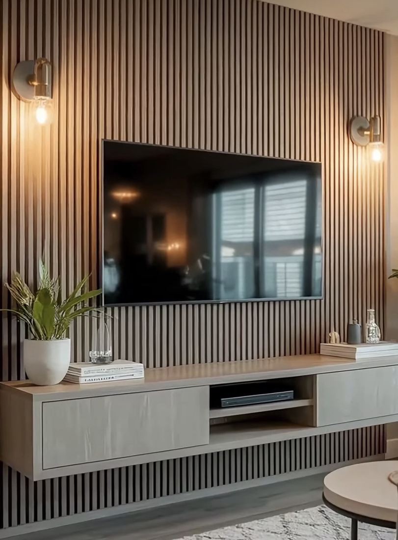 Pared de lamas de madera con televisión — Florida, EE. UU.