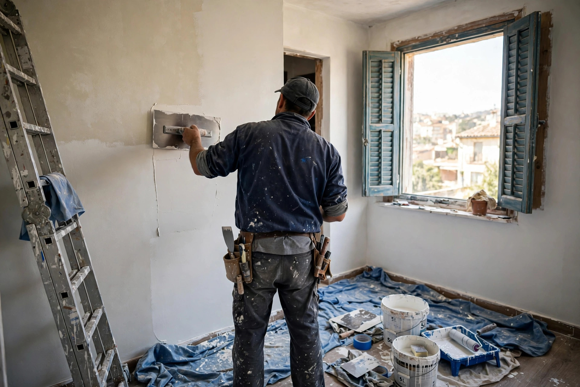 Profesional preparando y pintando una pared